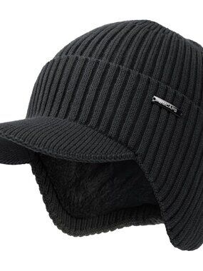 Unisex Dark Grey Lined Knit Beanie - Brim Ear Flaps Winter Classic Stocking Cap